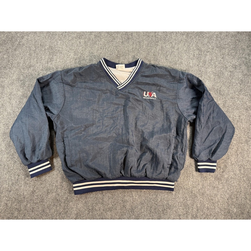 USA Baseball Jacket Mens 2XL‎ Navy Windbreaker Pullover Made in USA Hartwell